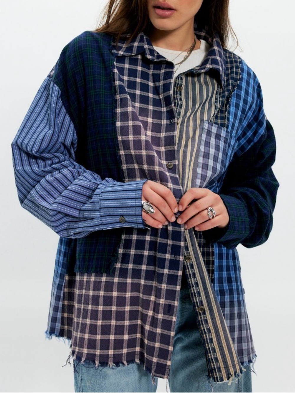 Free People The Tales Patchwork Check Stripe Button Down Size Medium NWT - Picture 2 of 10